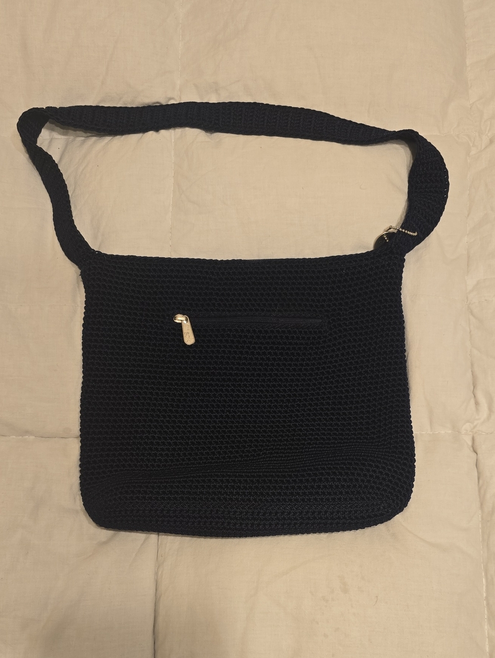 Blue Crochet Crossbody Bag with Front Zip Pocket and Woven Strap